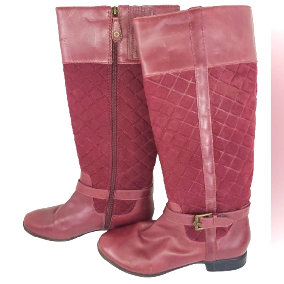 Isaac Mizrahi Tally Quilted Tall Leather Maroon Riding Boots - Picture 1 of 9